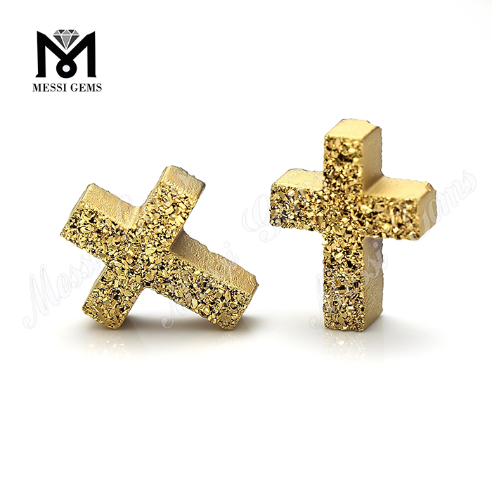 Factory Price 24K Gold Cross Shape Natural Druzy Stone