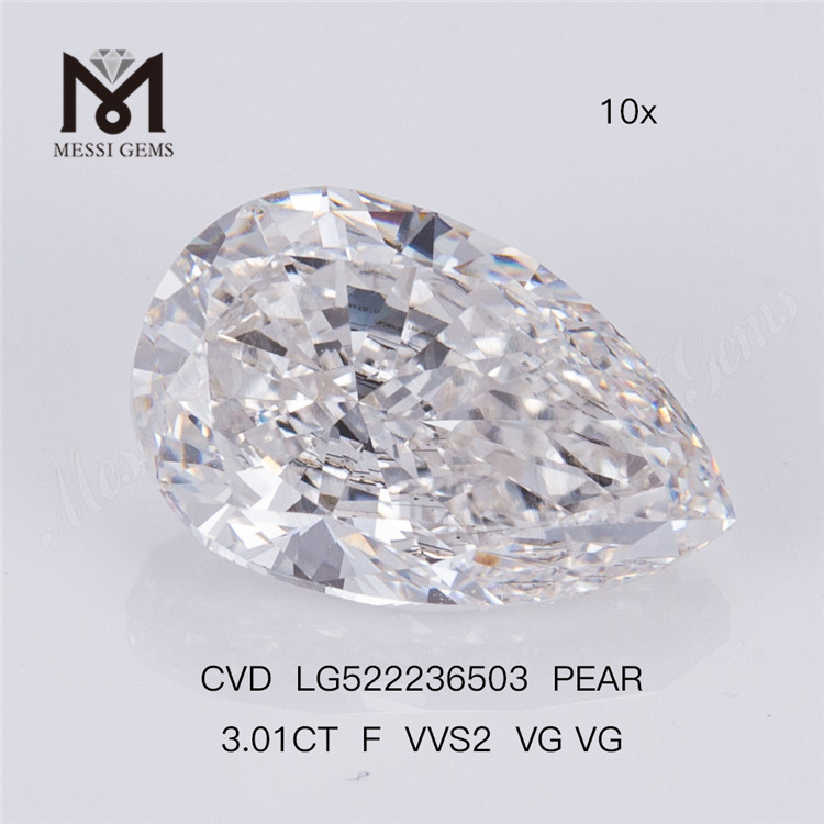 3.01CT F VVS2 VG VG CVD Pear Shape Lab Grown Diamond 