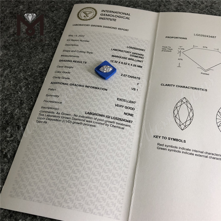 2.07CT MQ F VS1 EX CVD Lab Grown Diamond IGI Certificate
