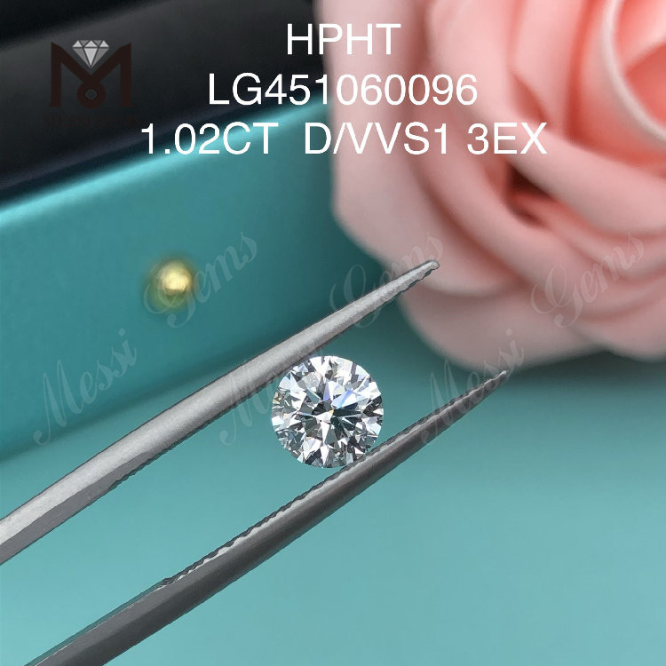 1.02 carat D VVS1 Round EX Cut Grade lab grown diamond HPHT