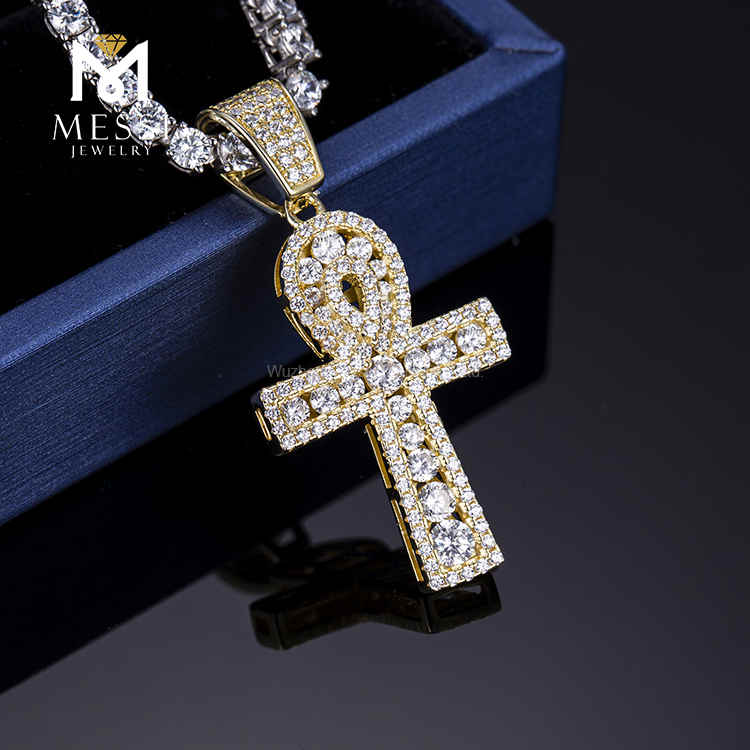 fashion hiphop14k real gold yellow gold Lab diamond cross necklace