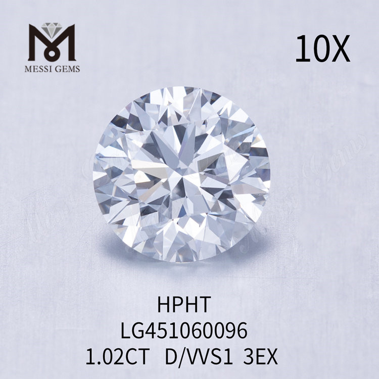 1.02 carat D VVS1 Round EX Cut Grade lab grown diamond HPHT