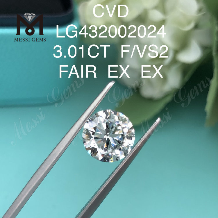 3.01 carat F/VS2 Round lab grown diamond FAIR EX EX