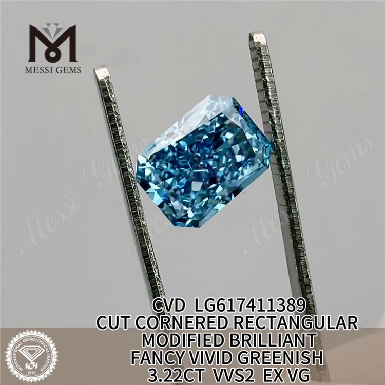 3.22CT REKTANGUL&AElig;R SKALET FANCY VIVID GR&Oslash;NLIG BL&Aring; VVS2 EX VG CVD Lab diamant LG617411389丨Messigems