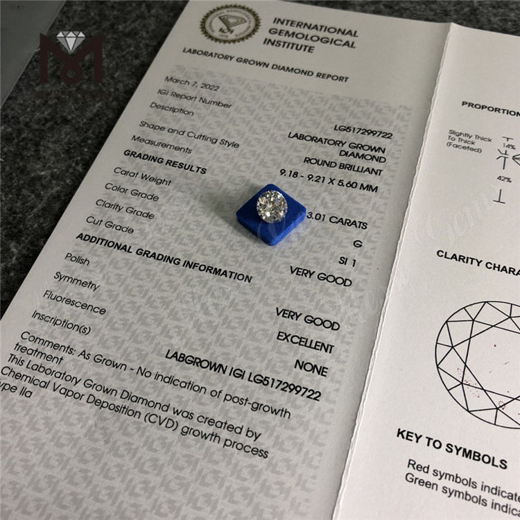 factory price 3.01ct G SI1 round shape loose synthetic lab grown diamond